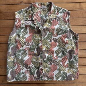 Vintage 1950s Gregory Cotton Blouse Floral Collar Sleeveless Pink Tan Green Vtg